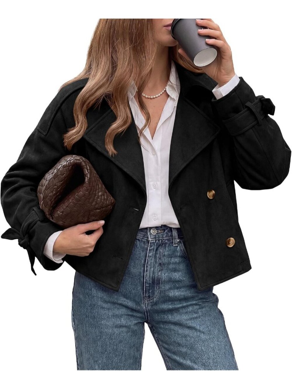 Women Black Faux Suede Long Sleeve Button Down Tie Cuff Lapel Trench Coat